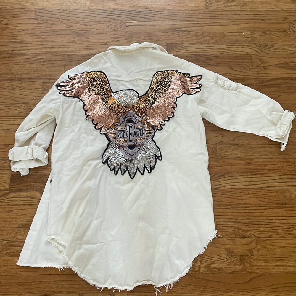 Long white jean jacket with logo on back